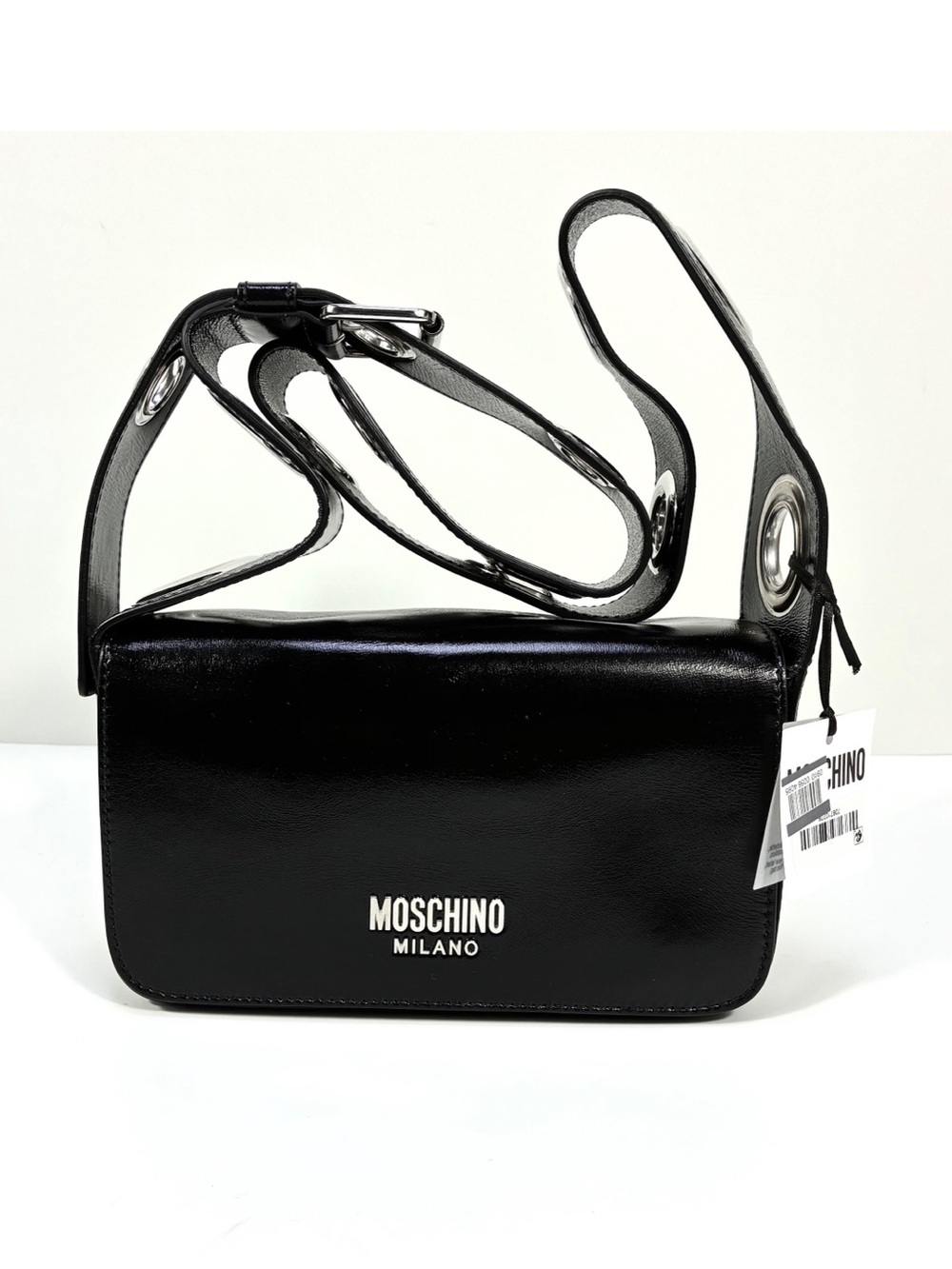 Moschino Couture Metal Logo Crossbody Shoulder Bag Black Eyelets NWT Leather